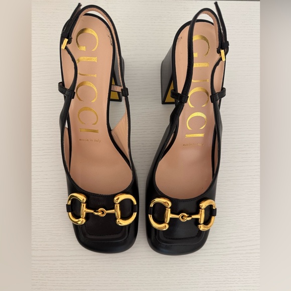 GUCCI Baby Horsebit Slingback Leather Pump Black Gold EU 36 Authentic Shoes - Picture 3 of 11